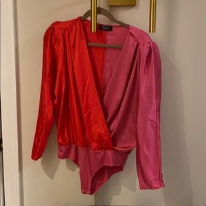 Red & pink color block bodysuit